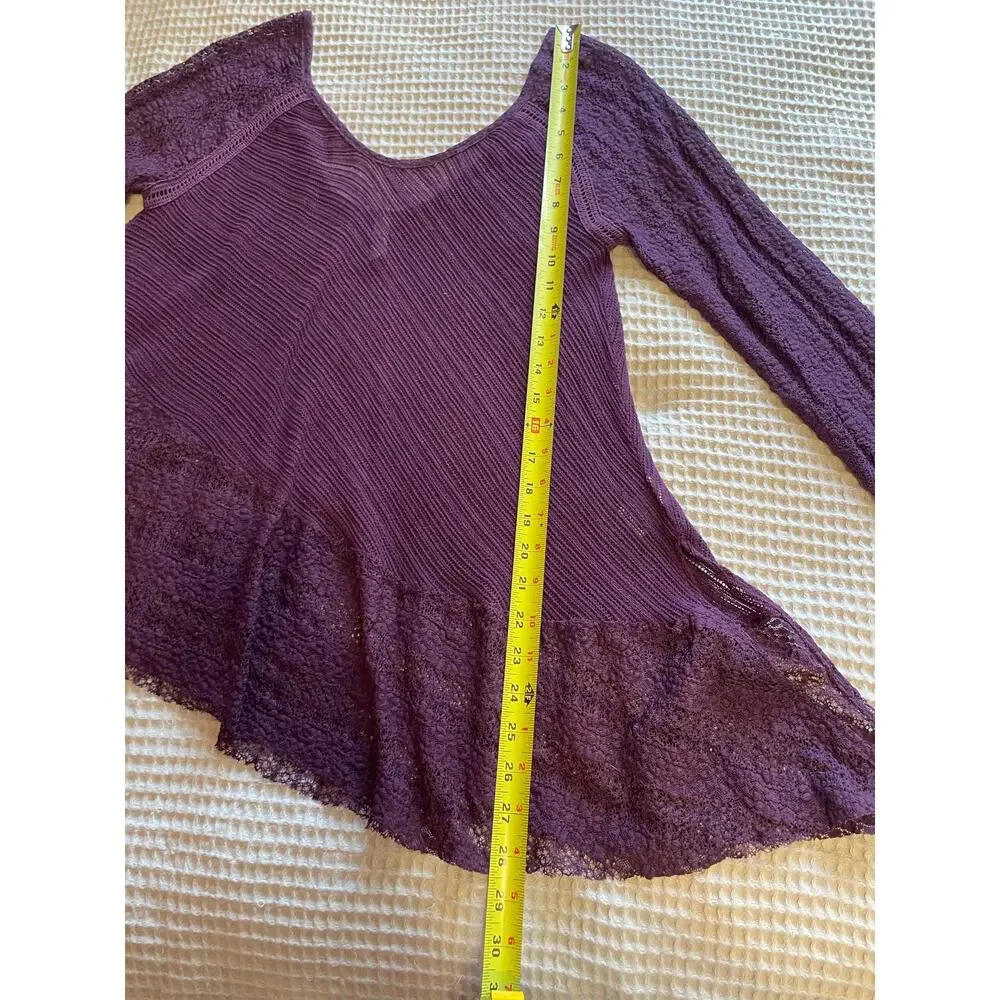 Free People Boho Purple Mesh Lace Asymmetrical Hem Long Sleeve Blouse Small